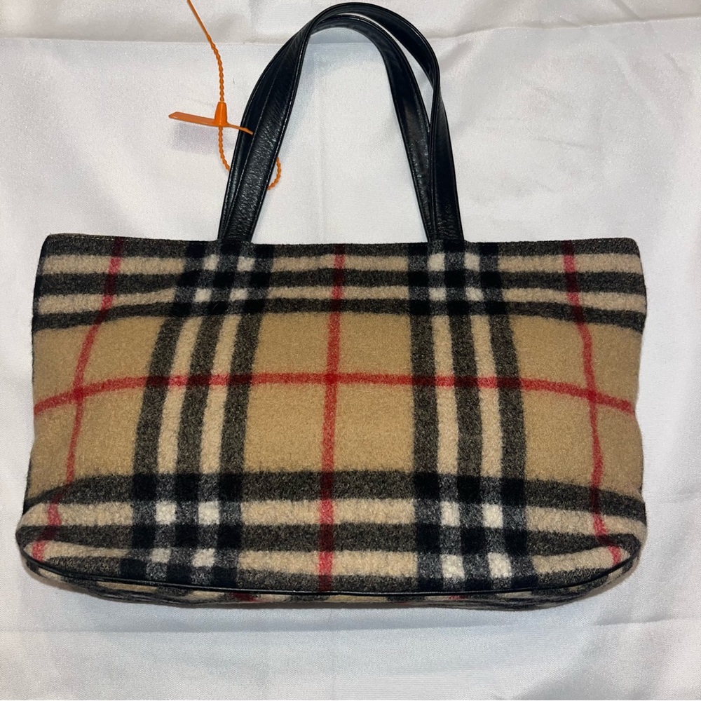 Burberrys Blue Label Wool Nova Check Tote VINTAGE Burberry Leather Trim